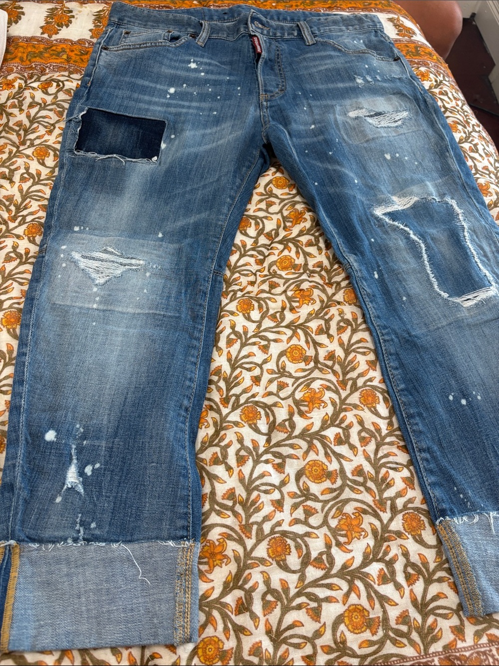 DSQUARED2 Distressed Blue Relaxed Jeans with Patch & Paint Details
